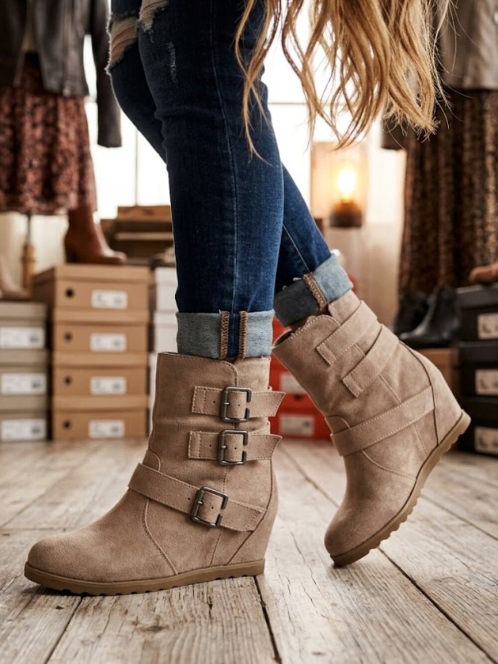 Aeropostale 3 Buckle Strap Wedge Ankle Boots Beige Camel Women's - Size 6 NEW